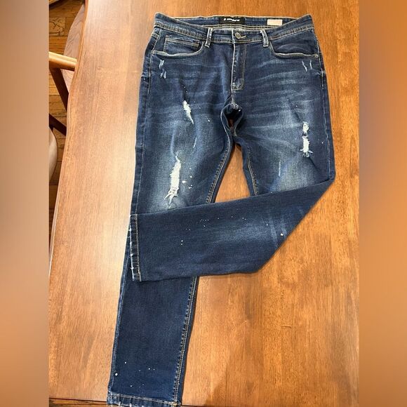 B Couture High Barnet Taper Fit Jeans Paint Splatter Mid Blue Stretchy Men Sz 36 - Picture 4 of 12